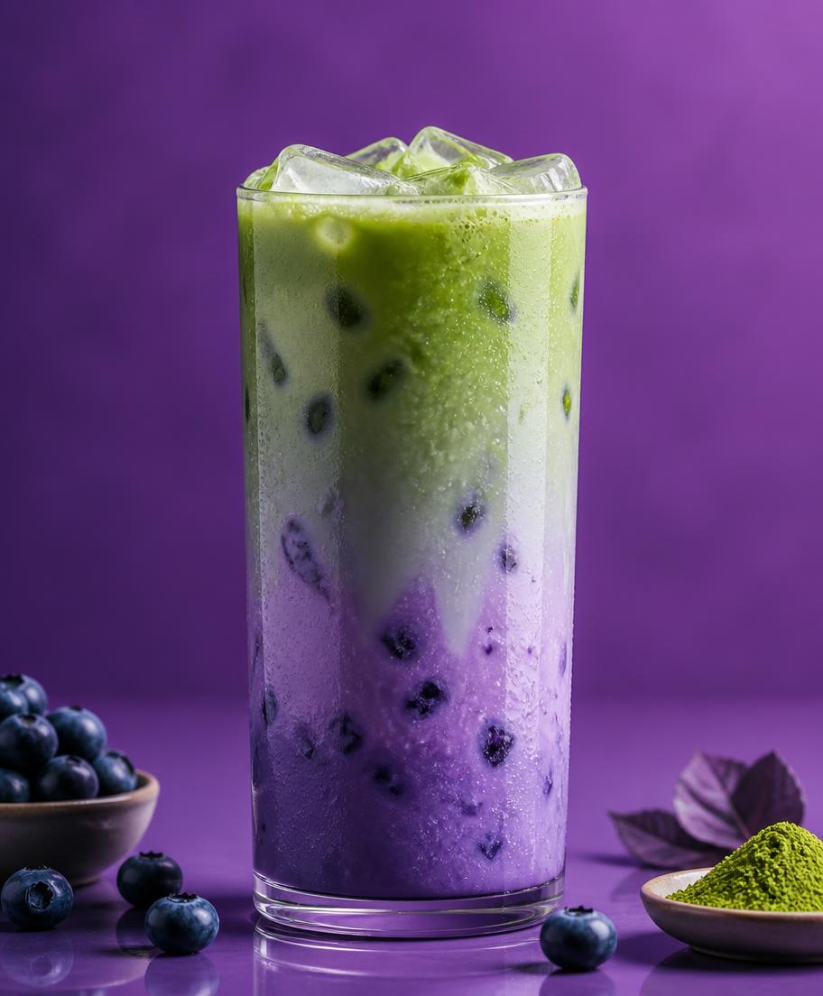 Iced blueberry matcha latte in a tall glass